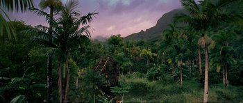 Movie still from “Tropic Thunder” (2008), directed by Ben Stiller – An old shack in the middle of a lush green forest; Extreme Wide shot, High angle