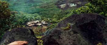 Movie still from “Tropic Thunder” (2008), directed by Ben Stiller – An aerial view of a village in the middle of the jungle; Extreme Wide shot, High angle