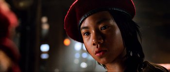 Movie still from “Tropic Thunder” (2008), directed by Ben Stiller – A person wearing a hat; Close Up shot, Low angle