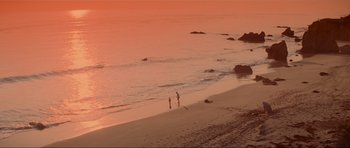 Movie still from “True Romance” (1993), directed by Tony Scott – Two people walking on the beach at sunset; Extreme Wide shot, High angle