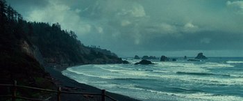 Movie still from “Twilight” (2008), directed by Catherine Hardwicke – A view of the ocean from the beach; Extreme Wide shot, High angle
