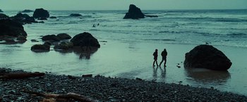 Movie still from “Twilight” (2008), directed by Catherine Hardwicke – A couple of people walking on a beach near the ocean; Extreme Wide shot, High angle