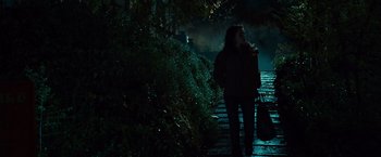 Movie still from “Twilight” (2008), directed by Catherine Hardwicke – A woman walking down the stairs in the dark; Wide shot, Low angle
