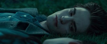 Movie still from “Twilight” (2008), directed by Catherine Hardwicke – A man laying in the grass looking at the camera; Close Up shot, Overhead angle