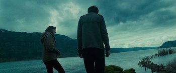 Movie still from “Twilight” (2008), directed by Catherine Hardwicke – A man and a woman standing next to a body of water; Wide shot, Low angle