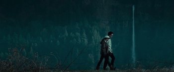 Movie still from “Twilight” (2008), directed by Catherine Hardwicke – Two people walking in the dark near a forest; Wide shot, Low angle