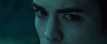 Movie still from “Twilight” (2008), directed by Catherine Hardwicke – A person's eyes with a green tint; Extreme Close Up shot, High angle