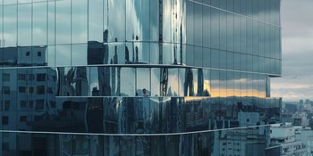A man standing in front of a window with a view of a city