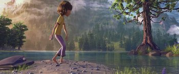 Movie still from “Under the Boardwalk” (2023), directed by David Soren – A girl is walking on the beach by the water; Wide shot, Low angle