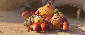 Movie still from “Under the Boardwalk” (2023), directed by David Soren – A group of cartoon characters sitting next to each other on the ground; Wide shot, High angle