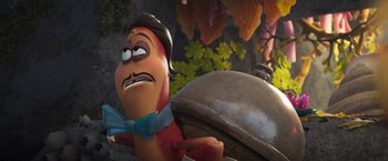 Movie still from “Under the Boardwalk” (2023), directed by David Soren – A character from the movie sausage party; Close Up shot, Over the shoulder angle