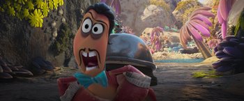 Movie still from “Under the Boardwalk” (2023), directed by David Soren – An image of an animated character with a hat; Close Up shot, Over the shoulder angle