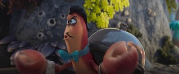 Movie still from “Under the Boardwalk” (2023), directed by David Soren – A character from the movie sausage party; Close Up shot, Low angle