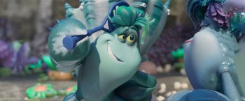 Movie still from “Under the Boardwalk” (2023), directed by David Soren – A character from the movie finding nemo; Close Up shot, High angle