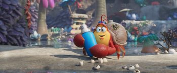 Movie still from “Under the Boardwalk” (2023), directed by David Soren – A lobster holding a spray bottle and a snail; Close Up shot, High angle