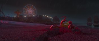 Movie still from “Under the Boardwalk” (2023), directed by David Soren – A crab laying on the ground at night time; Extreme Wide shot, High angle