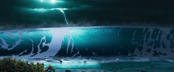 Movie still from “Under the Boardwalk” (2023), directed by David Soren – Two people are swimming in the ocean under a stormy sky; Extreme Wide shot, High angle