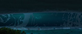 Movie still from “Under the Boardwalk” (2023), directed by David Soren – A large body of water under a cloudy sky; Extreme Wide shot, High angle