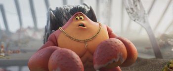 Movie still from “Under the Boardwalk” (2023), directed by David Soren – An animated character with a necklace; Medium shot, Low angle