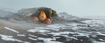 Movie still from “Under the Boardwalk” (2023), directed by David Soren – An image of an animated character on the beach; Extreme Wide shot, Low angle