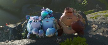 Movie still from “Under the Boardwalk” (2023), directed by David Soren – A group of characters sitting next to each other on the ground; Wide shot, Low angle