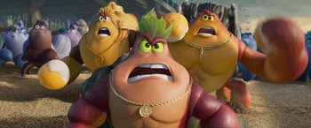 Movie still from “Under the Boardwalk” (2023), directed by David Soren – Three characters from the movie cloudy with a chance of meatballs; Close Up shot, Low angle
