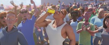 Movie still from “Under the Boardwalk” (2023), directed by David Soren – An animated man drinking a bottle of water; Medium shot, Over the shoulder angle
