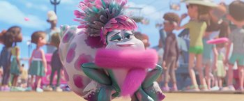 Movie still from “Under the Boardwalk” (2023), directed by David Soren – A person wearing a pink wig; Medium shot, Low angle