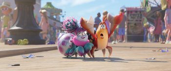 Movie still from “Under the Boardwalk” (2023), directed by David Soren – A group of people standing next to each other on the ground; Wide shot, Low angle