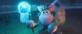 Movie still from “Under the Boardwalk” (2023), directed by David Soren – A character from monsters university holding an umbrella; Medium shot, Low angle