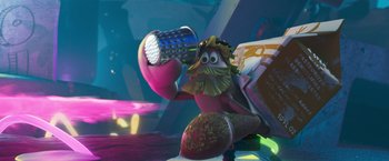 Movie still from “Under the Boardwalk” (2023), directed by David Soren – A bird with a microphone in its mouth; Wide shot, Low angle