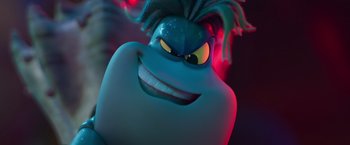 Movie still from “Under the Boardwalk” (2023), directed by David Soren – The head and face of a cartoon character; Close Up shot, Low angle