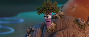 Movie still from “Under the Boardwalk” (2023), directed by David Soren – A cartoon character with a plant in his head; Close Up shot, High angle
