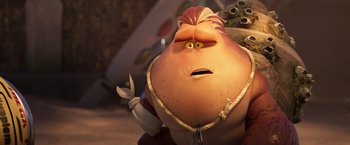 Movie still from “Under the Boardwalk” (2023), directed by David Soren – An animated picture of a person holding a knife; Close Up shot, Low angle