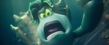 Movie still from “Under the Boardwalk” (2023), directed by David Soren – The head of a cartoon character; Close Up shot, Low angle