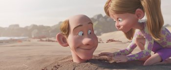 Movie still from “Under the Boardwalk” (2023), directed by David Soren – A man and a woman are playing in the sand together; Close Up shot, Over the shoulder angle