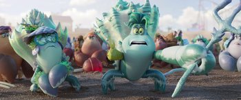 Movie still from “Under the Boardwalk” (2023), directed by David Soren – A character from the movie cloudy with a chance of meatballs; Wide shot, Low angle