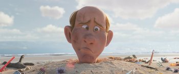 Movie still from “Under the Boardwalk” (2023), directed by David Soren – An animated face is sitting in the sand on the beach; Close Up shot, Over the shoulder angle