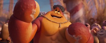 Movie still from “Under the Boardwalk” (2023), directed by David Soren – A character from the movie sausage party; Medium shot, Over the shoulder angle