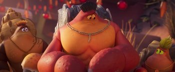 Movie still from “Under the Boardwalk” (2023), directed by David Soren – An image of an animated character with a big belly; Close Up shot, High angle