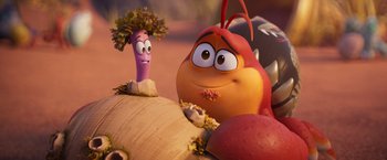 Movie still from “Under the Boardwalk” (2023), directed by David Soren – A couple of cartoon characters sitting next to each other on top of a pile of fruit; Close Up shot, Over the shoulder angle