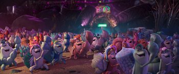 Movie still from “Under the Boardwalk” (2023), directed by David Soren – A bunch of stuffed animals that are in a room; Extreme Wide shot, High angle