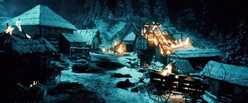 Movie still from “Underworld: Evolution” (2006), directed by Len Wiseman – An image of a village in the middle of the night; Extreme Wide shot, High angle
