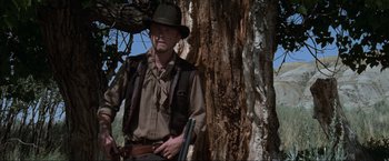 Movie still from “Unforgiven” (1992), directed by Clint Eastwood – A man with a gun standing next to a tree; Medium shot, Low angle