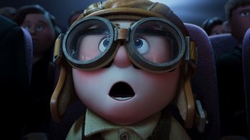 Movie still from “Up” (2009), directed by Bob Peterson – A cartoon character wearing goggles; Close Up shot, Low angle