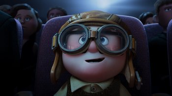 Movie still from “Up” (2009), directed by Bob Peterson – An image of an animated character wearing goggles; Medium shot, Low angle