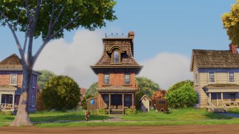 Movie still from “Up” (2009), directed by Bob Peterson – An animated house with a person walking in front of it; Extreme Wide shot, Low angle