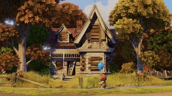 Movie still from “Up” (2009), directed by Bob Peterson – An old house with a blue balloon in front of it; Extreme Wide shot, Low angle