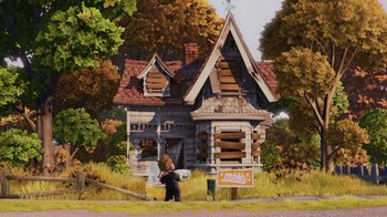 Movie still from “Up” (2009), directed by Bob Peterson – An animated bear standing in front of an old house; Extreme Wide shot, Low angle