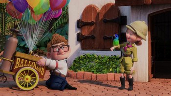 Movie still from “Up” (2009), directed by Bob Peterson – A scene from the animated movie up; Wide shot, Over the shoulder angle